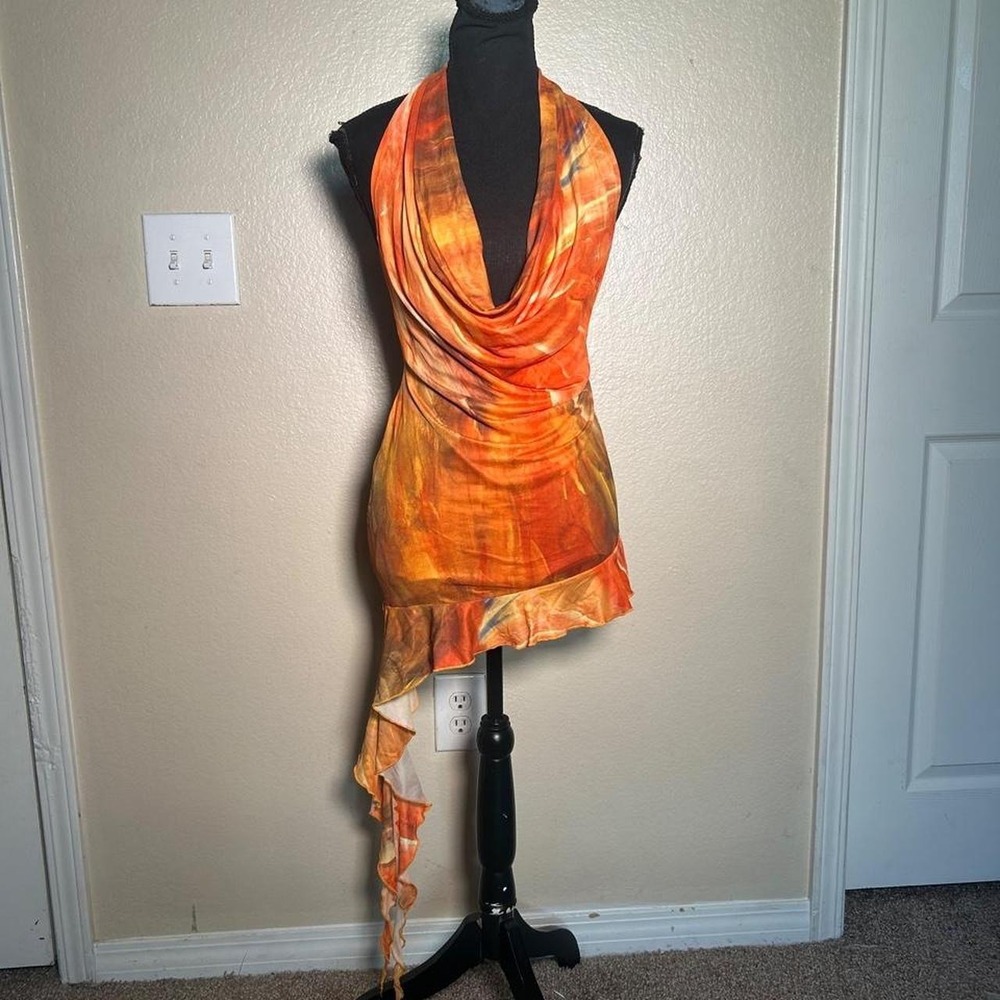 Windsor Y2K Fairy Orange Abstract Cowl Neck Asymmetrical Mini Dress Large